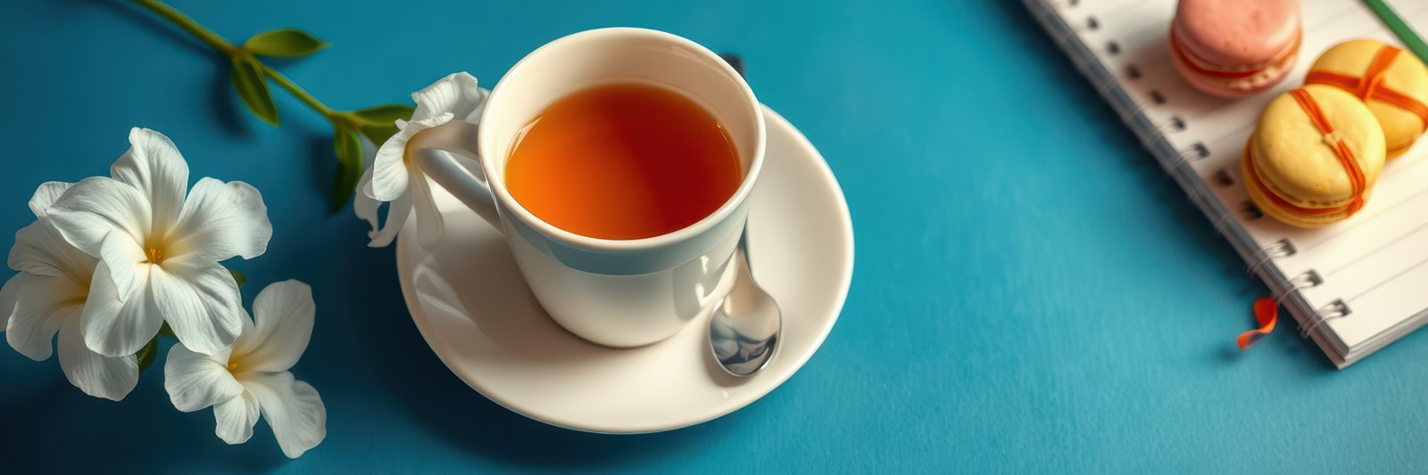 Warm cup of tea with sweet macarons and flowers on a vibrant blue background showcasing a cozy afternoon setting